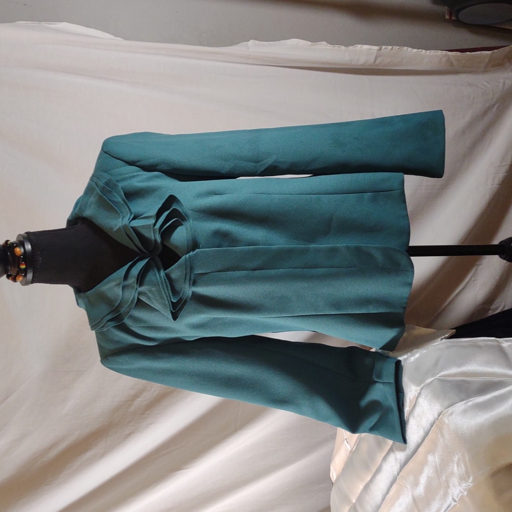 Vintage Teal Ruffled Collar Button Up Lined Blazer - Size 16 Semi Cropped